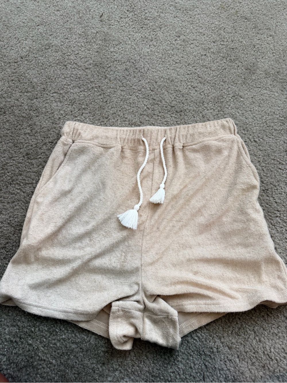 152 - 7 For All Mankind Beige High Waist Terry Shorts with Tassel Drawstring